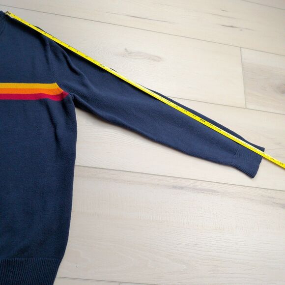 Fair Harbor Robinson Sweater Mens M Navy Blue Yellow Orange Red Stripe Crew Neck - Picture 7 of 9